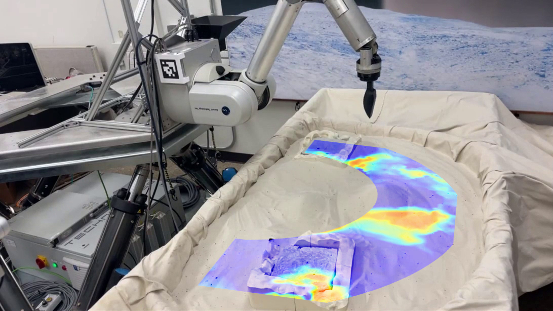 A snapshot of policy's scooping preferences during testing on NASA Ocean World Lander Autonomy Testbed at the Jet Propulsion Laboratory.