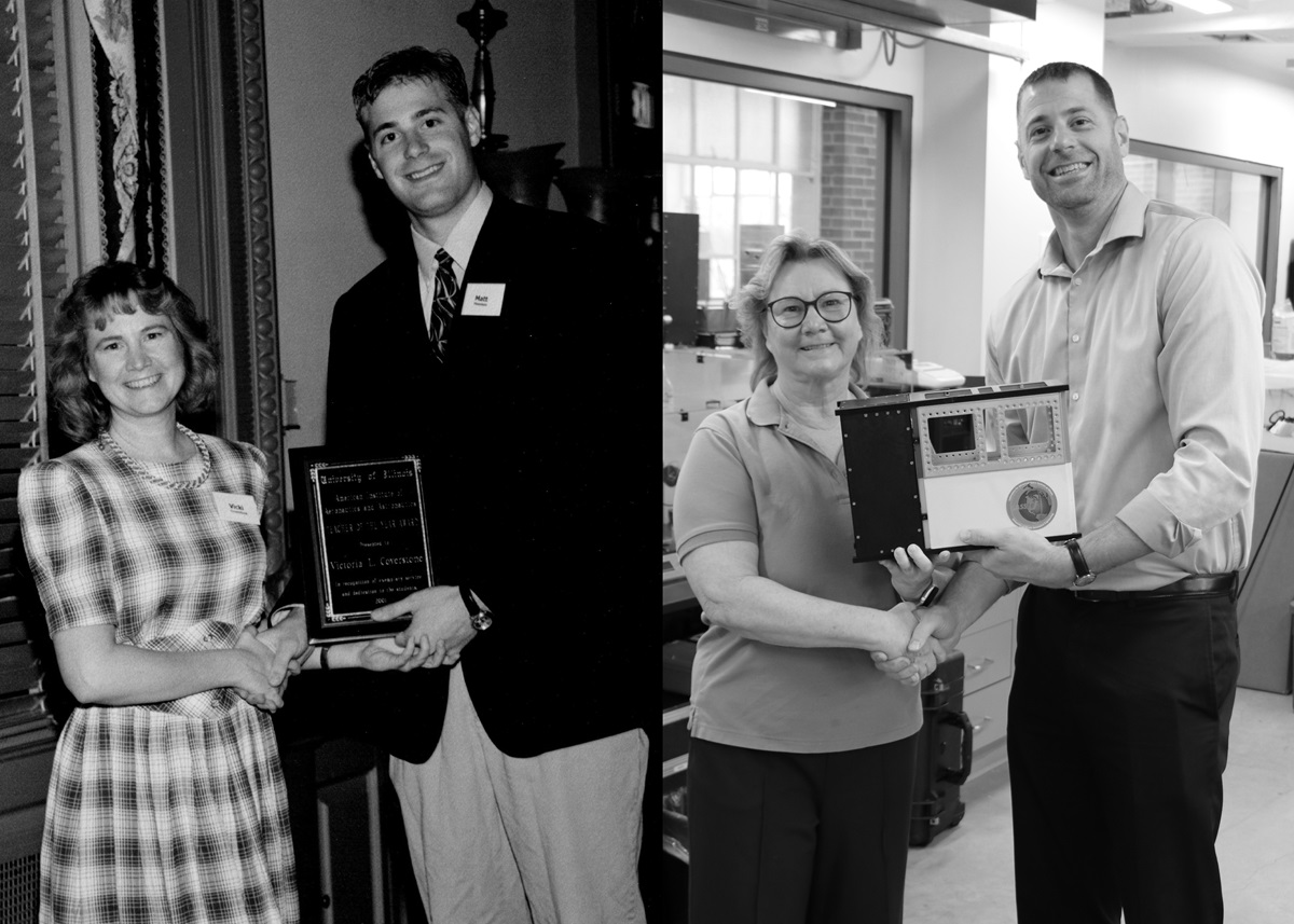 In November 2024, AE faculty members Vicki Coverstone and Matt Hausman recreated a photo from when Hausman was an AE senior shaking hands with Coverstone for being named the 2001 AIAA Teacher of the Year.