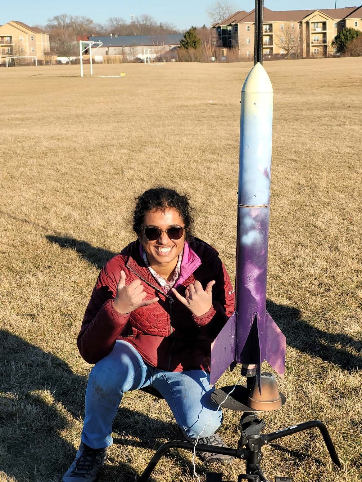 Bhardwaj with the L1 rocket she built as a member of Illinois Space Society.