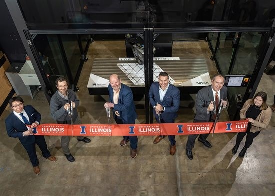Left to right: PhD student Ivan Wu, AE Dept. Head Jonathan Freund, Executive Associate Dean and AE Professor Philippe Geubelle, CEO of Continuous Composites Inc. Dean Tyler Alvarado, Founder Professor of Engineering Jeff Baur, AE undergraduate student Morgan Scott