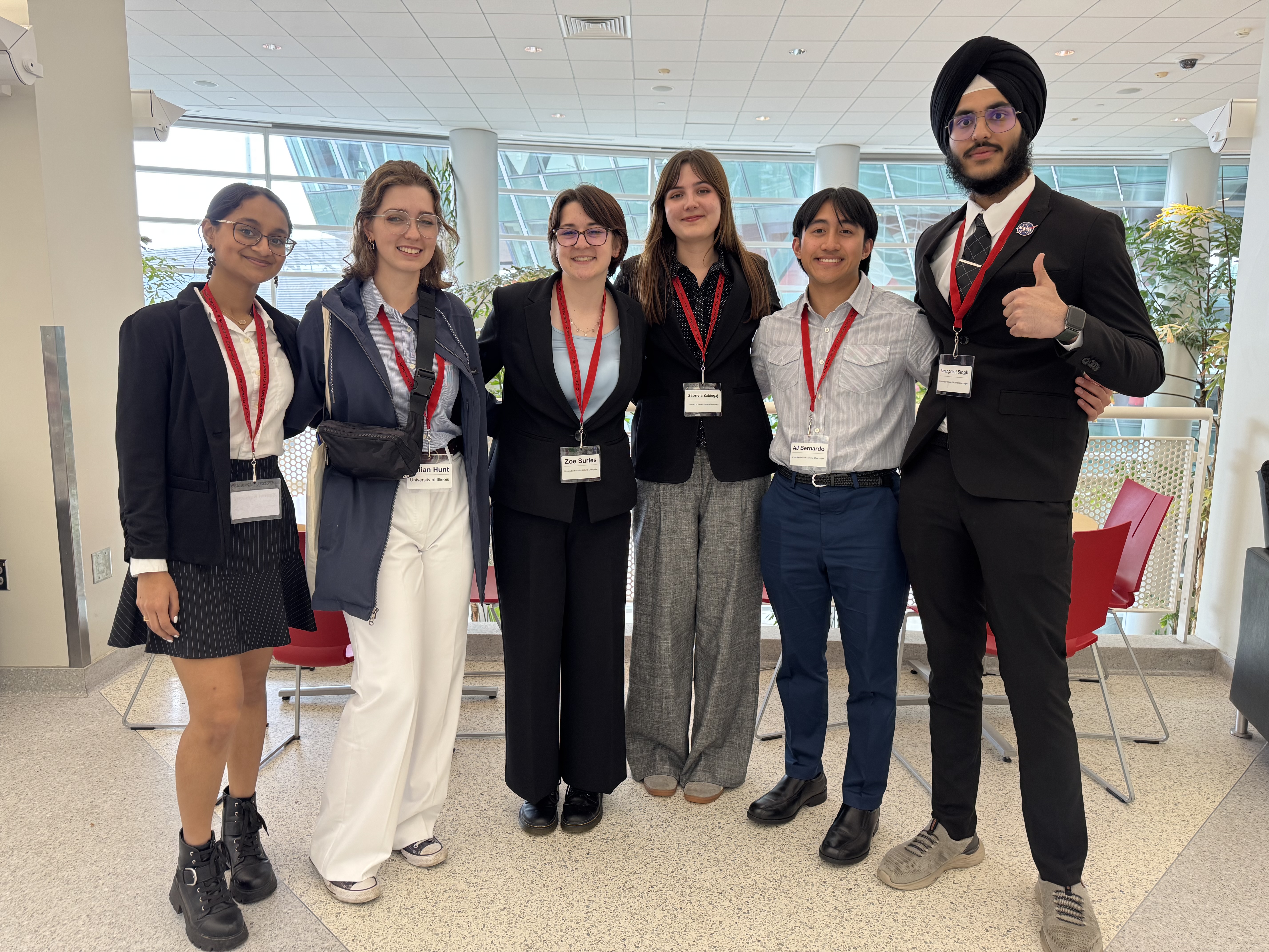 Left to right are team members who presented at the AIAA conference: Saanvi Kunisetty, Lillian Hunt, Zoe Surles, Gabriela Zabiegaj, A.J. Bernardo, and Tarenpreet Singh.