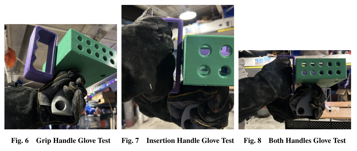 Series of photos shows a test of the grip handle wearing a glove and demonstrates the bi-stable mechanism.