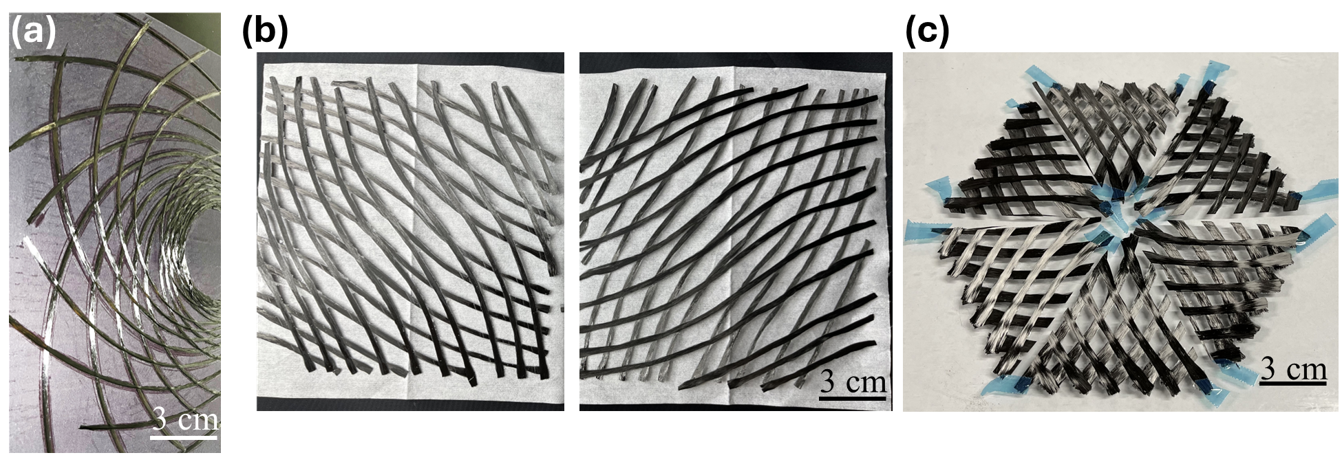 Continuous fiber 3D printer additively deposited fiber bundles generate the desired shape: a) cone, b) saddle, c) parabolic dish.