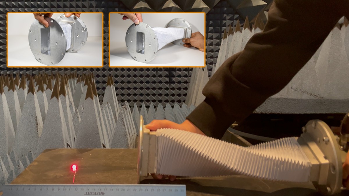 In a sound-absorbent chamber, an LED is illuminated at 10&amp;acirc;&amp;euro;&amp;permil;cm by microwave energy delivered through a twist bellows waveguide. Scale bar is 100&amp;acirc;&amp;euro;&amp;permil;mm. The inserts upper left show the twist bellows waveguide in its compact and deployed states.