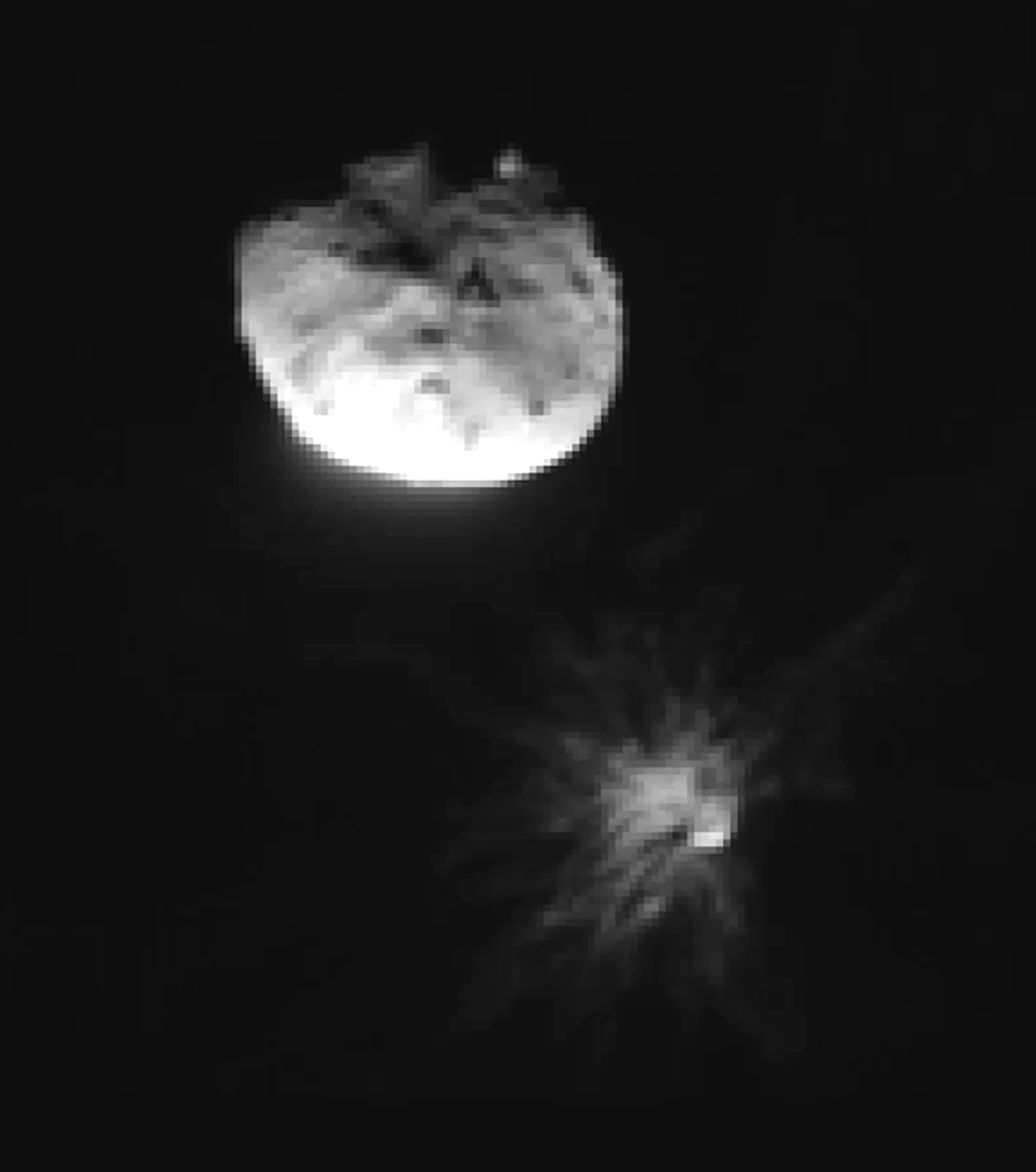 The Italian Space Agency&acirc;&euro;&trade;s LICIACube, traveled alongside NASA&acirc;&euro;&trade;s DART to capture the spacecraft&acirc;&euro;&trade;s collision with Dimorphos. In this LICIACube image, taken moments after impact on Sept. 26, 2022, rocky debris can be seen fanning out from the smaller asteroid below its larger binary partner, Didymos. Credit:ASI/NASA