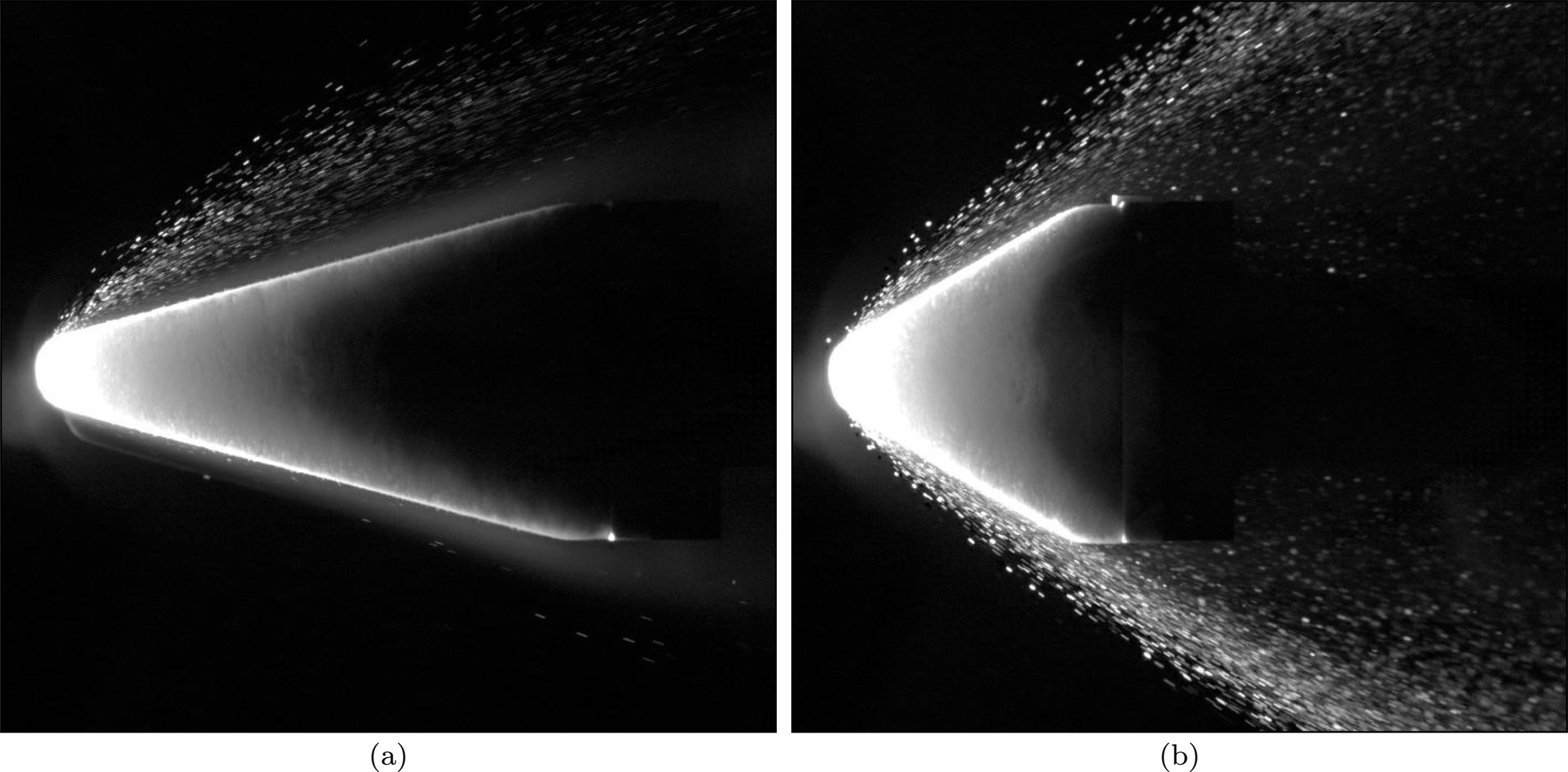 High-speed image frames illustrate extreme particle burst events in supersonic nitrogen. In rare instances, particles are observed traveling upstream, indicating a pressure driven ejection mechanism.
