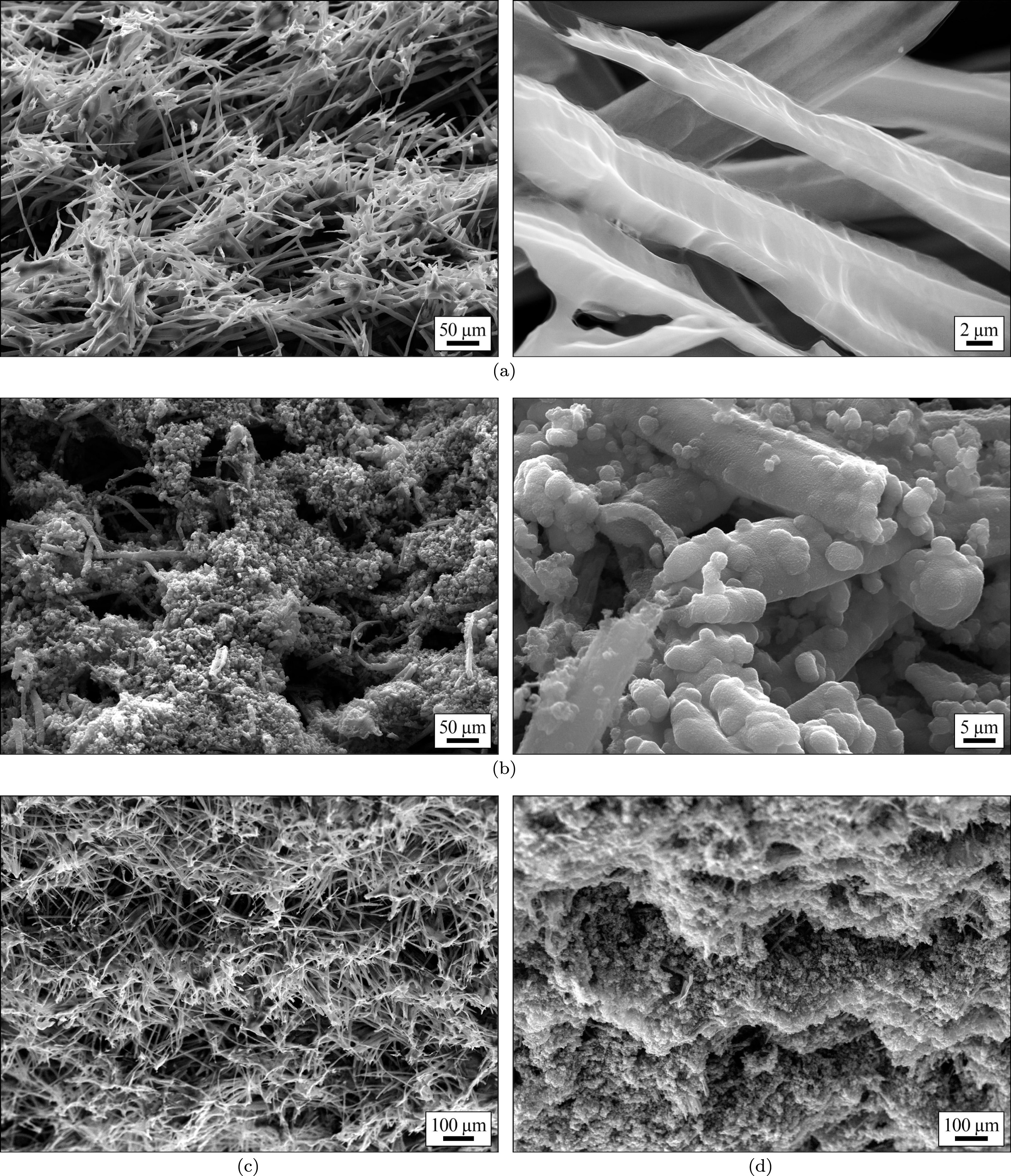 Using an electron microscope, these scans show samples after being exposed to supersonic plasma. The two images in (a) show fibers on the wedge face near the stagnation point for test 1 in air, displaying standard signs of oxidation, such as fiber spiking and pitting.   In (b), the test 4 sample wedge surface near the nose, reveals solid deposition filling pores between fibers (left) and coating fiber surfaces (right).    In images (c test 11) and (d test 12), flow-facing wedge surfaces are oriented with the top and bottom of each image corresponding to the nose and aft end of the sample. In both cases, lower-permeability fiber planes are exposed to the flow at the sample surface; however, these fiber planes combined with the presence of solid deposits in nitrogen cases, leads to the formation of high-drag flakes.
