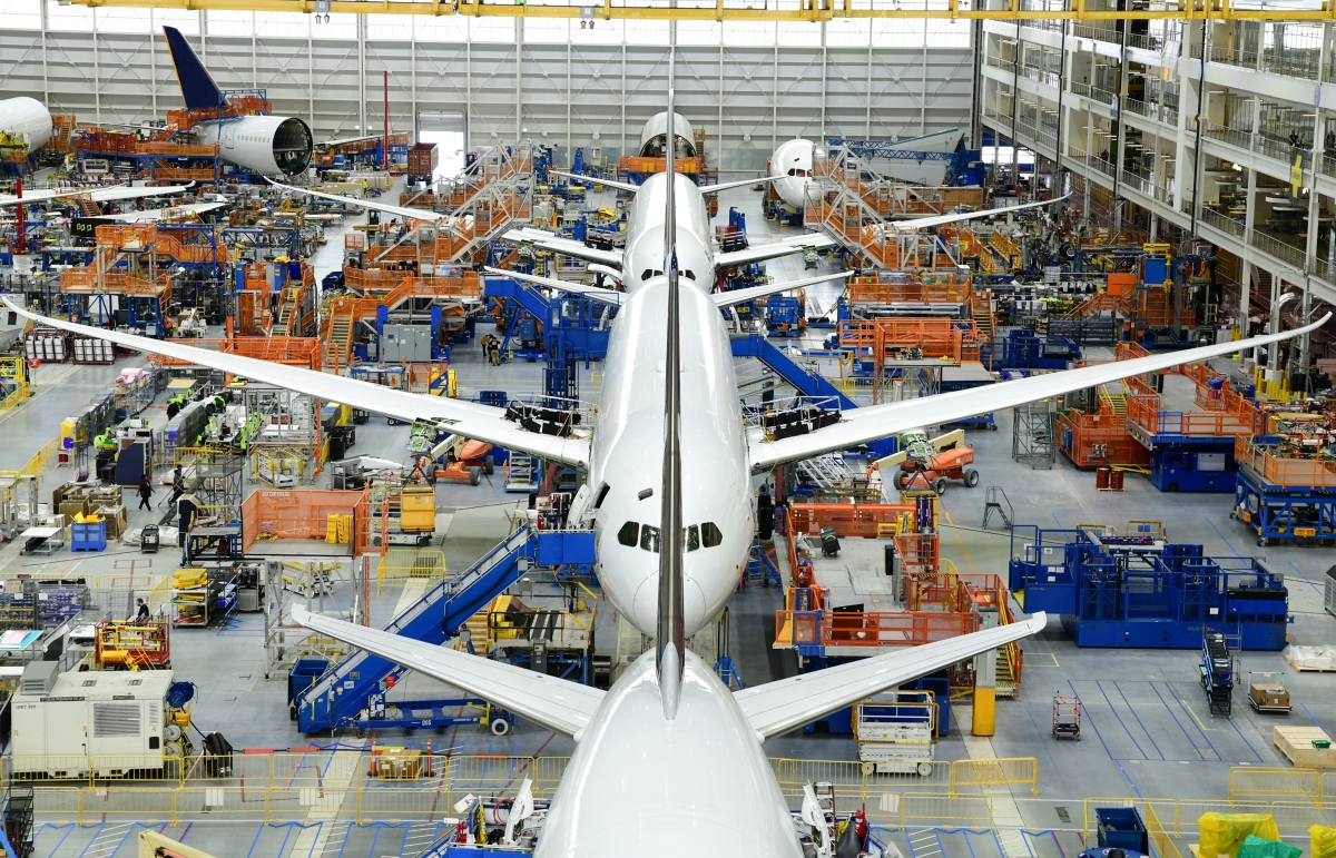 Final assembly of 787 Dreamliner in the Boeing factory in South Carolina.
