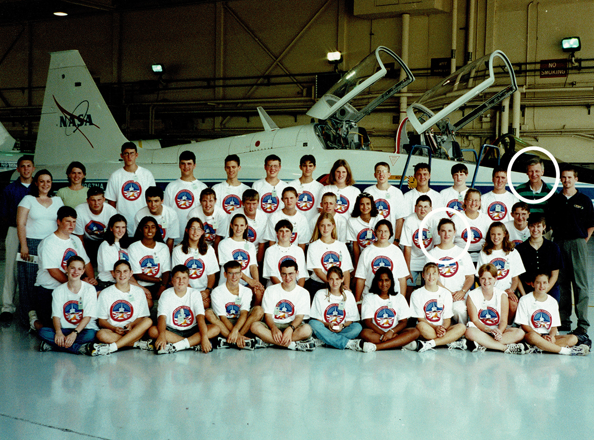 Circled in this large group photo are Laura Gerhold and Retired Col. and former astronaut Steven R. Nagel, BS '69. Gerhold was attending the Future Astronaut Training Program level 2 program after her junior year of high school in 2001.