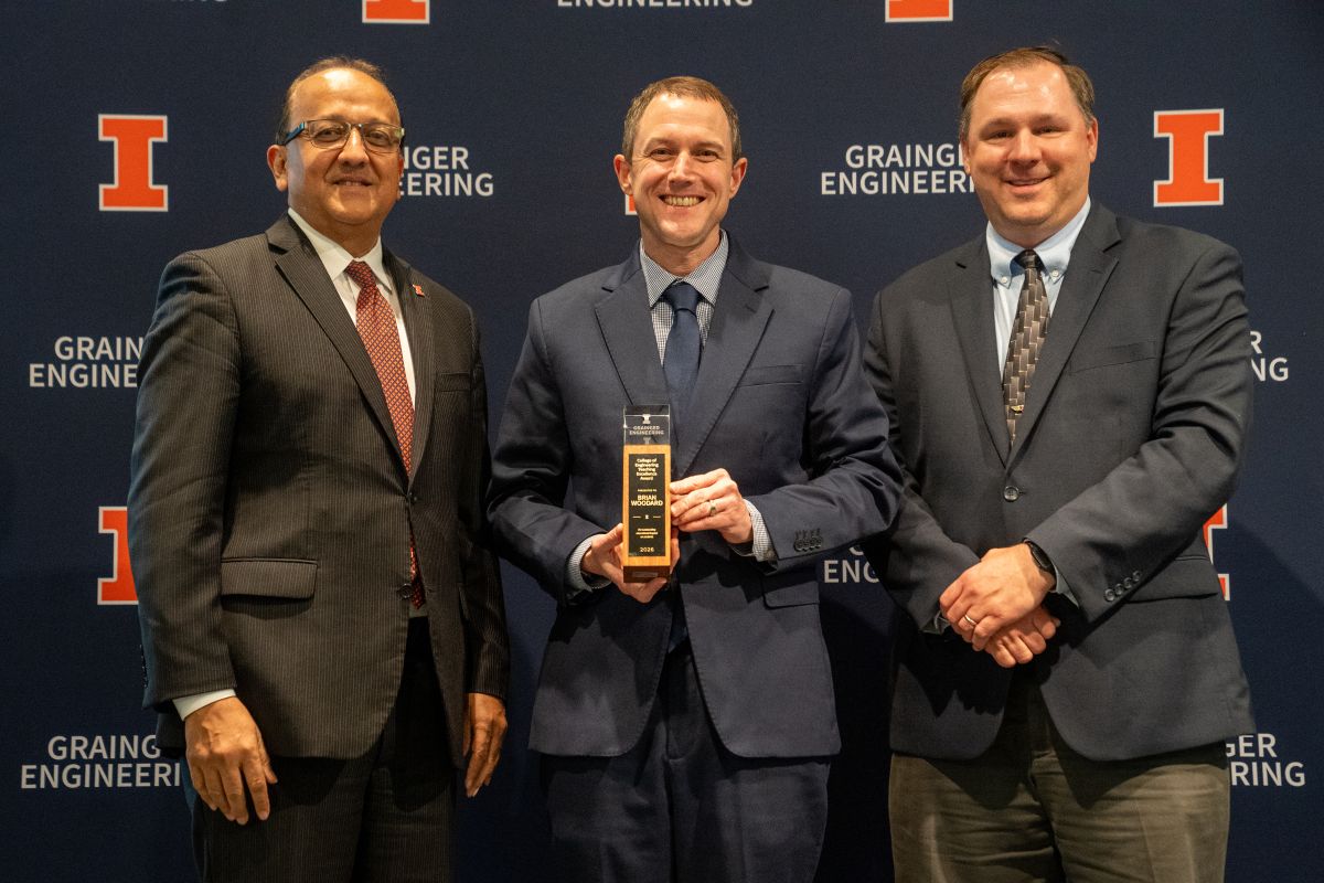 At the 2026 awards ceremony, left to right are Dean Rashid Bashir, Brian Woodard and Jason Merret.