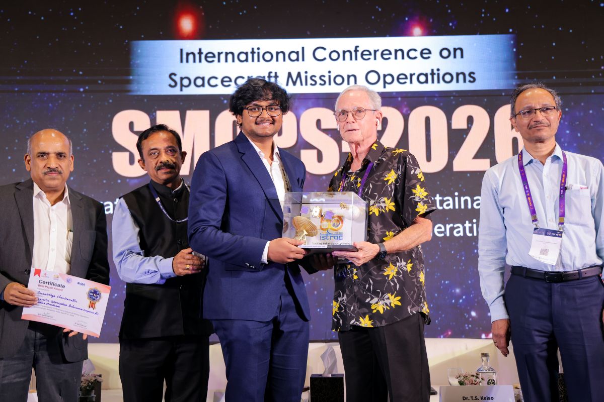Poornadithya Chandramukhi accepting the award for Best Paper Award at the 2026 International Conference on Spacecraft Mission Operations in Bengaluru, India.