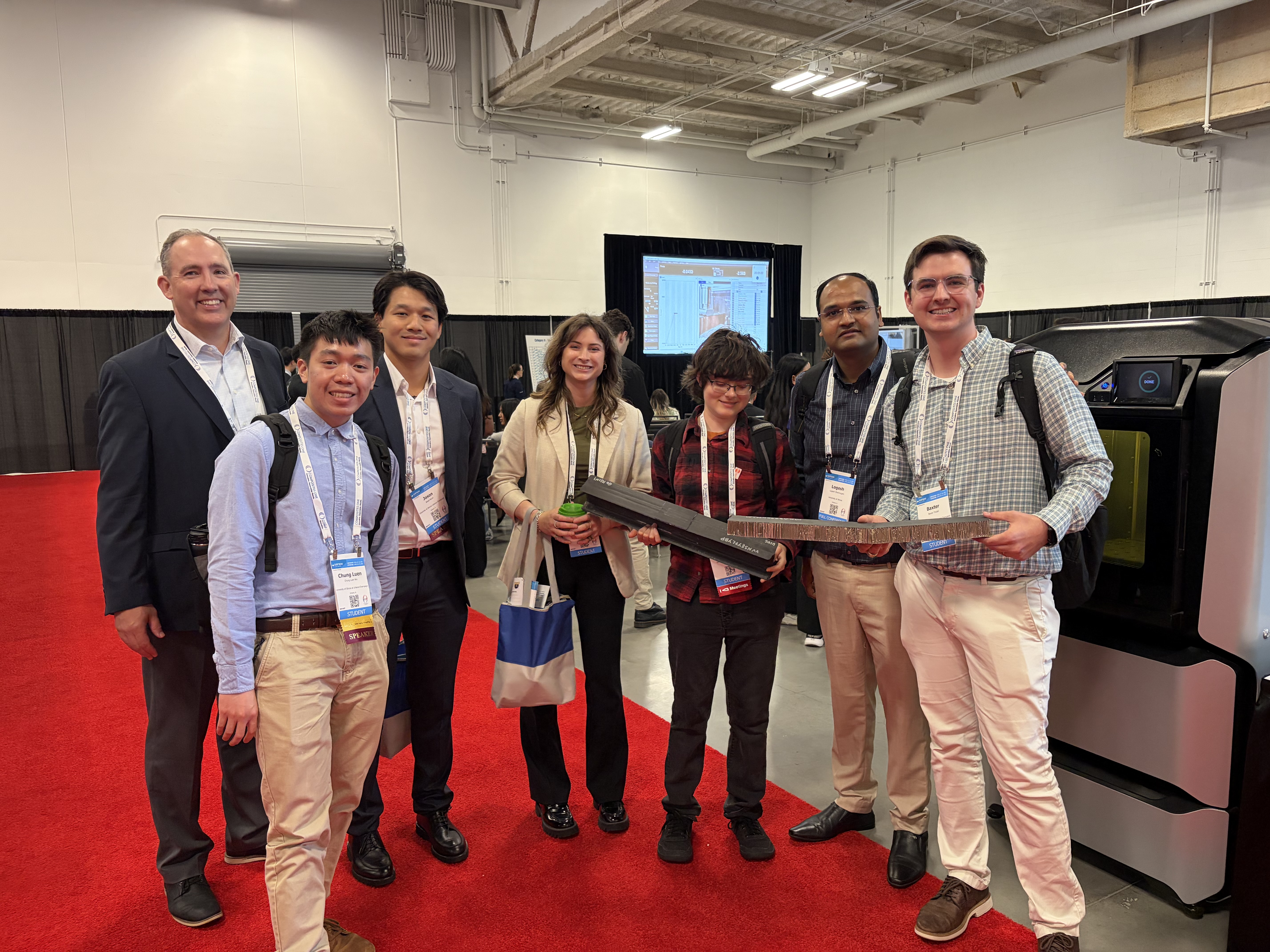 After the composite bridge contest, left to right: Jeff Baur, Ivan Wu, Jason Moon, Morgan Scott, Amanda Yaklin, Logesh Shanmugam and Joey Tindall