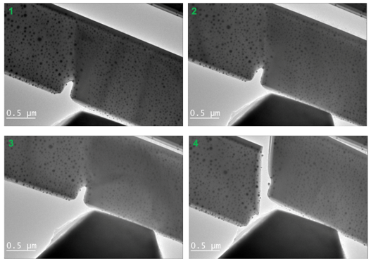 Transmission electron microscope images acquired at marked time instances during the loading experiment of a shear dominated sample.
