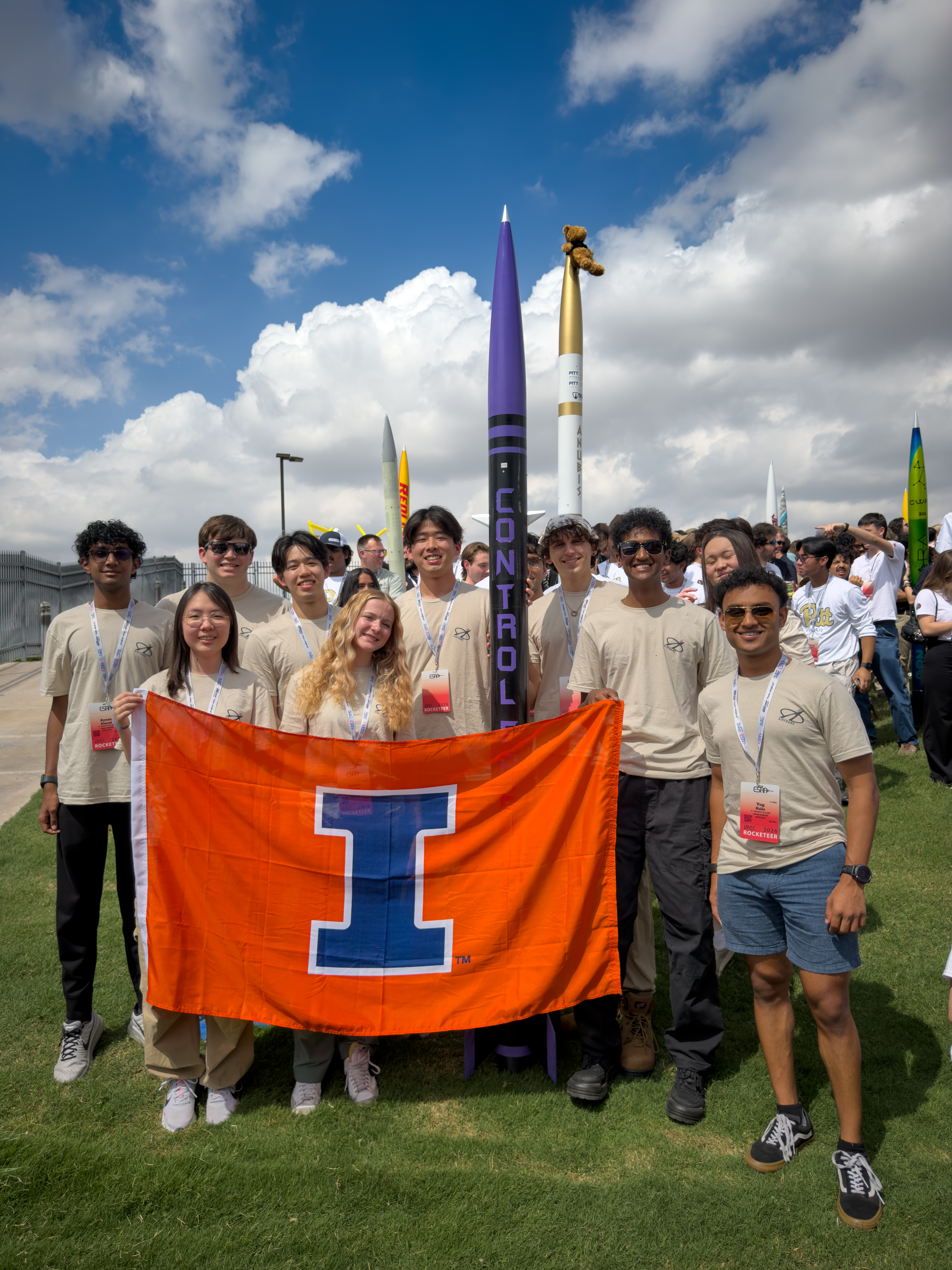 Airframe technical group members at the Ayaan Ahmad, Valoria Zeng, Riley Walters, Hiko Chen, Amber Parker, Brian Wu, Arnav Nagaich, Cooper Witek, Arjun Bharadwaj, Aleph Qin and Yug Kolla at the International Rocket Engineering Competition in Midland, Texas.