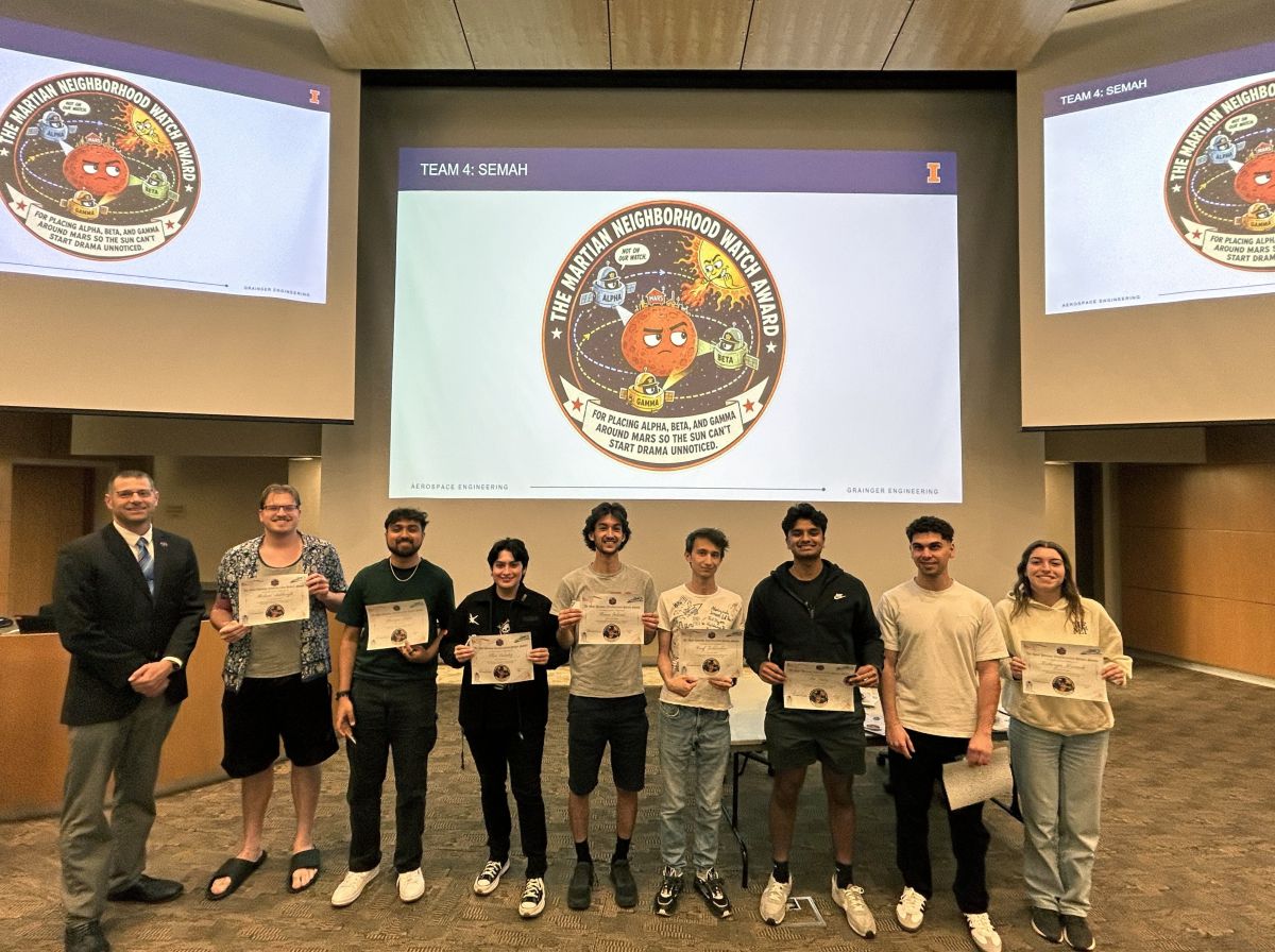 Team photo taken on the last day of class in May, left to right faculty adviser Matt Hausman, Michael Ashbaugh, Dhairya Mehta, Elliott Valadez, Shaun Golemis, Rauf Zokhrabov, Sai Naka, Spyridon Kalleas and Katheryn Kramek.
