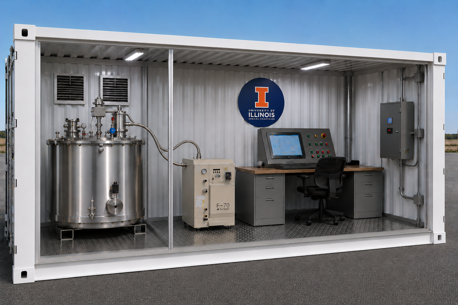 Mockup created by GenH2 of the new hydrogen liquefier system that fits in a 20-foot shipping container.