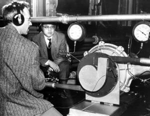 _Profs. Robert W. McCloy (left) and Shee Mang Yen testing a Tesla turbine model at the University&amp;amp;acirc;&amp;amp;euro;&amp;amp;trade;s Willard Airport. (1958)