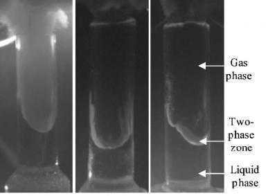 This photo shows combustion structure of 80 percent HAN-water at 3.0, 6.0, and 10.0 Mpa. Click on the photo to watch a video of combustion tests.