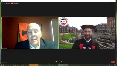 Zoom screen shot showing  commencement speaker James Mocarski left and Willet Professor and Dept. Head Jonathan Freund.
