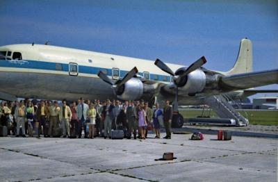 Students and chaperones with AIAA-chartered DC-6B for flight to Apollo 13 launch in 1970