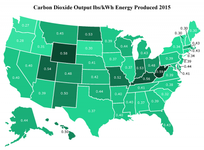The study includes a map of the U.S. with values of how much carbon is produced per unit of energy. 