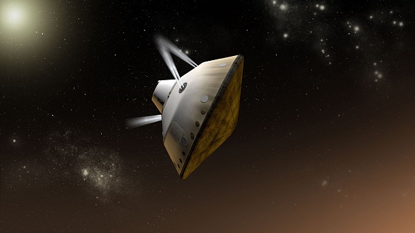 Artistâ€™s illustration of a spacecraft using retropropulsion to steer. Courtesy of NASA.