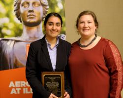 Yukti Kathuria, winner of the Jo Ann Haynes Platt and Daniel Wall Platt Memorial Award, with Coordinator of Undergradaute Program Laura Gerhold