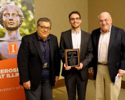 Antoine Blanchard, winner of the Kenneth Lee Herrick Memorial Award, with Mechanical Science and Engineering  Prof. Alexander Vakakis, left, and AE Emeritus Prof. Larry Bergman, right.