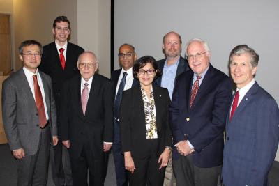 Speakers at the Hilton Symposium from left: Sung Yi, Craig Merrett, Harry Hilton, N. Sri Namachivaya, Rani Sullivan, Philippe Geubelle, Earl Dowell, and George Leiseutre
