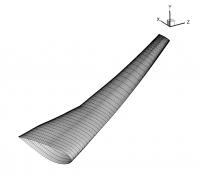 Surface mesh used to simulate the three-dimensional aerodynamic forces on a aircraft wing.