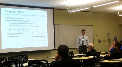 Pomeroy mentored undergraduate Aaron Perry, pictured here presenting  an award-winning research project at the AIAA Region 3 Student Paper Competition.