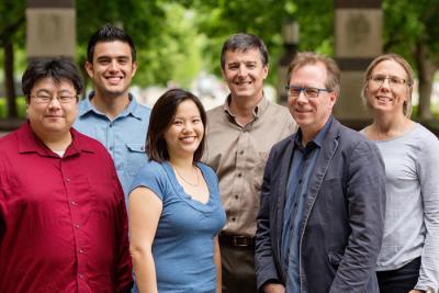 The self-destructing devices came from a broad multi-disciplinary collaboration uniting researchers from across the Illinois campus. Pictured, from left: Postdoctoral researcher Seung-Kyun Kang, graduate student Hector Lopez Hernandez, postdoctoral researcher Olivia Lee, professor John Rogers, professor Scott White, professor Nancy Sottos. 