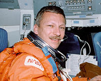 Astronaut Steven Nagel is seen in the commander's seat aboard the space shuttle Atlantis during STS-37 in April 1991. (NASA)