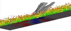 Mach 2.25 turbulent boundary interacting with a clamped steel-like panel. Panel deformation is shown along with panel-generated acoustic waves and boundary layer vorticity.
