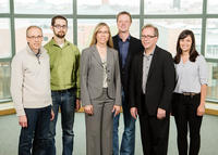 The scientific team behind the work: from left, Chemistry Prof. Jeffrey S. Moore; graduate student Ryan Gergely; Materials Science and Engineering Prof. Nancy R. Sottos; graduate student Brett Krull; AE Prof. Scott R. White; and graduate student Windy Santa Cruze. Photo by L. Brian Stauffer