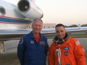AE alumnus Lee Archambault, right, currently commanding the mission of the space shuttle Discovery, sent this photo of him and fellow AE alumnus Steve Nagel, left, now a Shuttle Training Aircraft (STA) instructor. Nagel formerly served as an astronaut and shuttle commander. Archambault said he and Nagel flew in the STA (modified Gulfstream G2) on one of Archambault&rsquo;s last training missions at the Kennedy Space Center the week of March 8.