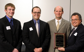 From left, Ryan Palmer, AE student and AIAA member; Joel Houston, AE student and AIAA president; AE Prof. Philippe Geubelle; and Mike Eder, Lockheed Martin Director of Airframe &amp; Installation.