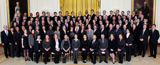 AE Associate Prof. Ioannis Chasiotis (top row, seventh from the right) was among 100 young researchers honored at the White House and greeted by President Barack Obama on January 13 as recipients of the 2008 Presidential Early Career Awards for Scientists and Engineers (PECASE).