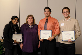 From left, student Muktha Srinivasan with Diane Jeffers, Associate Director of the Illinois Space Grant Consortium, and fellow students Joseph Gonzalez and Gary Weber.