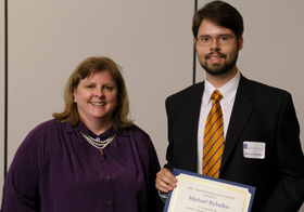 From left, Diane Jeffers, Associate Director of the Illinois Space Grant Consortium, with student Michael Rybalko.