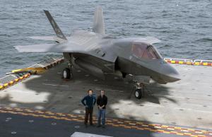AE alumni Jim Liao, left, and Paul Martin on board the USS WASP (LHD-1) during sea trial testings of the F-35B Joint Strike Fighter.