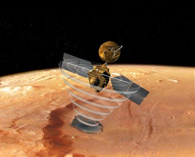 Artist's concept of a view looking down on NASA's Mars Reconnaissance Orbiter. The spacecraft is pictured using its Shallow Subsurface Radar instrument (SHARAD) to &quot;look&quot; under the surface of Mars. Photo courtesy of NASA.