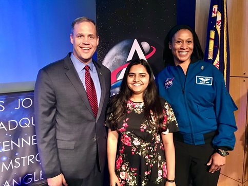 At the 2019 AIAA International Astronautical Congress meeting, left to right:  former NASA administrator Jim Bridenstine, Rupal Nigam, Astronaut Jeanette Epps