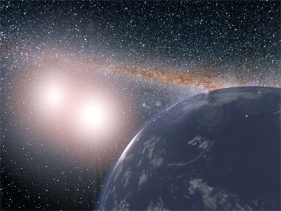 Artist's concept of hypothetical planet covered in water around the binary star system of Kepler-35A and B. Credits: NASA/JPL-Caltech/Siegfried Eggl