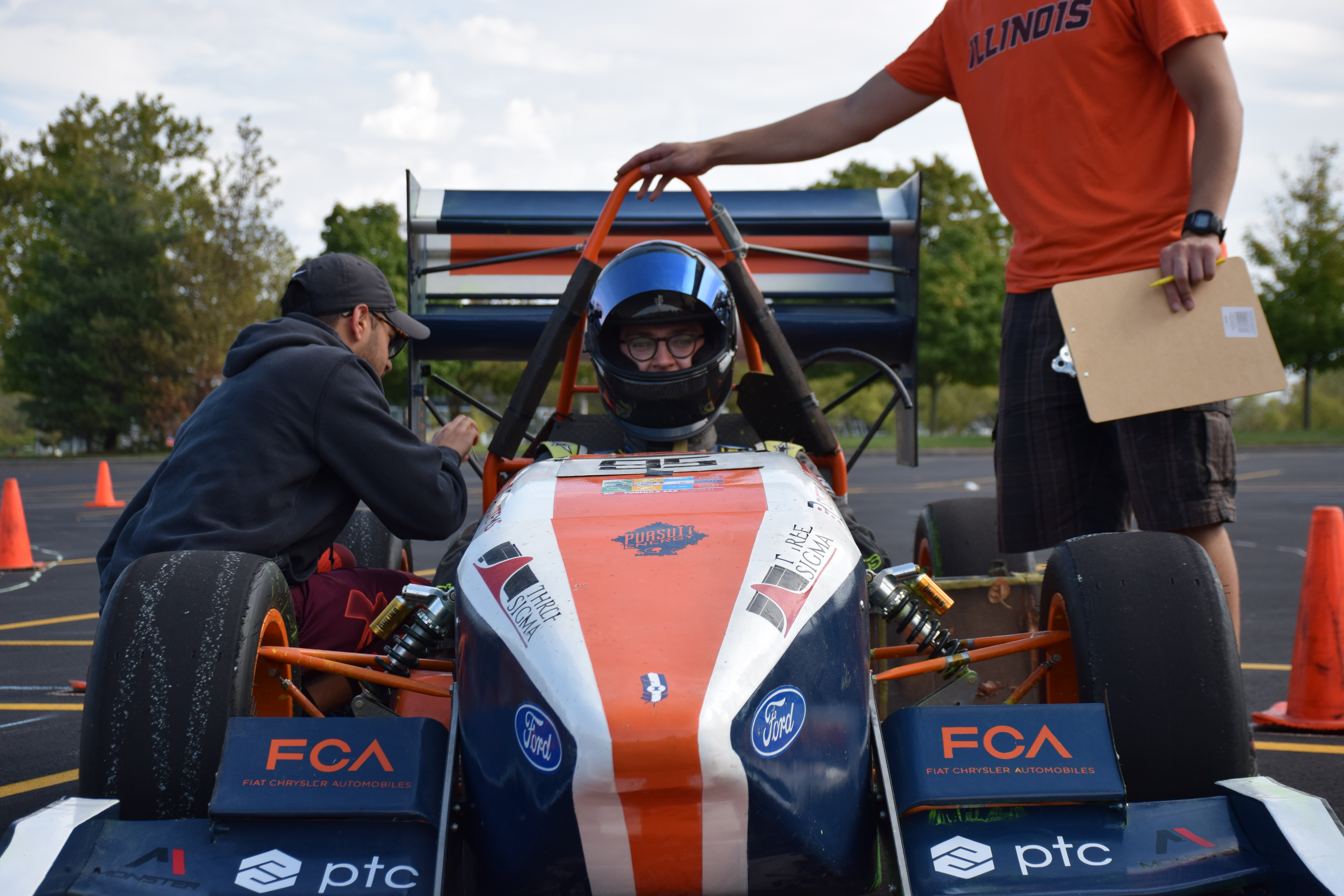 Driver, MechSE PhD candidate Nate Olson sits in the pit as he and the team prepare to test the vehicle