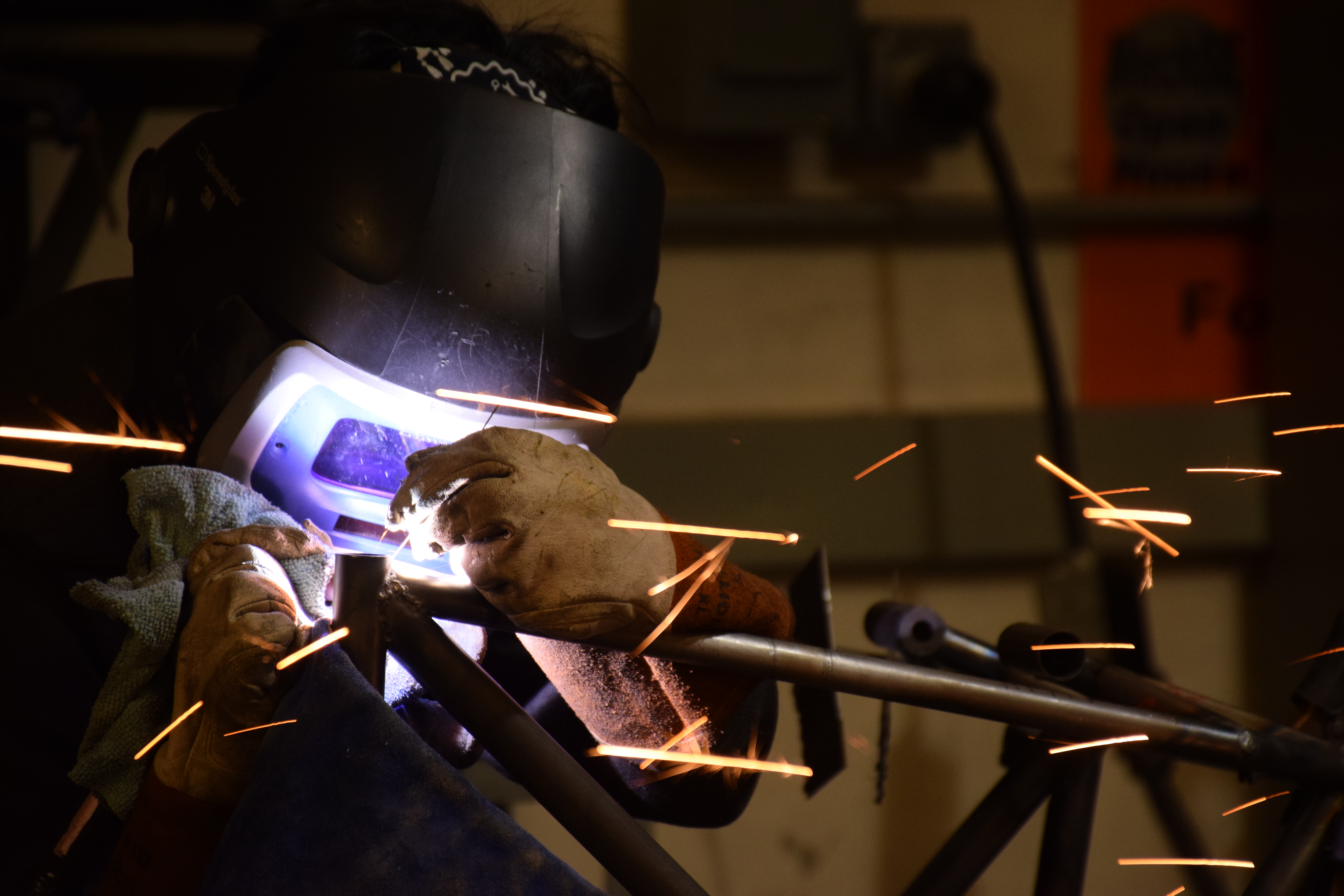 2019-20 suspension lead, MechSE student Hannah Park welds the vehicle's chassis 