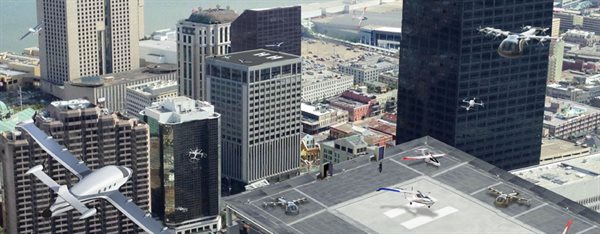 Artist&rsquo;s conception of an urban air mobility environment, where air vehicles, with or without onboard pilots, carrying out a variety of missions can interact safely and efficiently. Credit: NASA