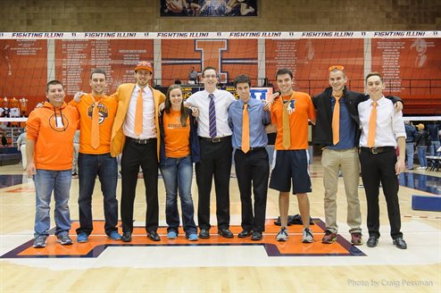 While at Illinois, Kosky participated in the â€œspike squad,â€ which is the volleyball student cheering section. Pictured are some of the regulars who were in the same graduating class, although Kosky was the only one in aerospace. Left to right: Ryan Gant, Mark Garofalo, Brent Nelson, Jen Olson, Chris Ryba, Brett Wolf, Matt Kosky, Mark Leipold, and Mateusz Tkacz