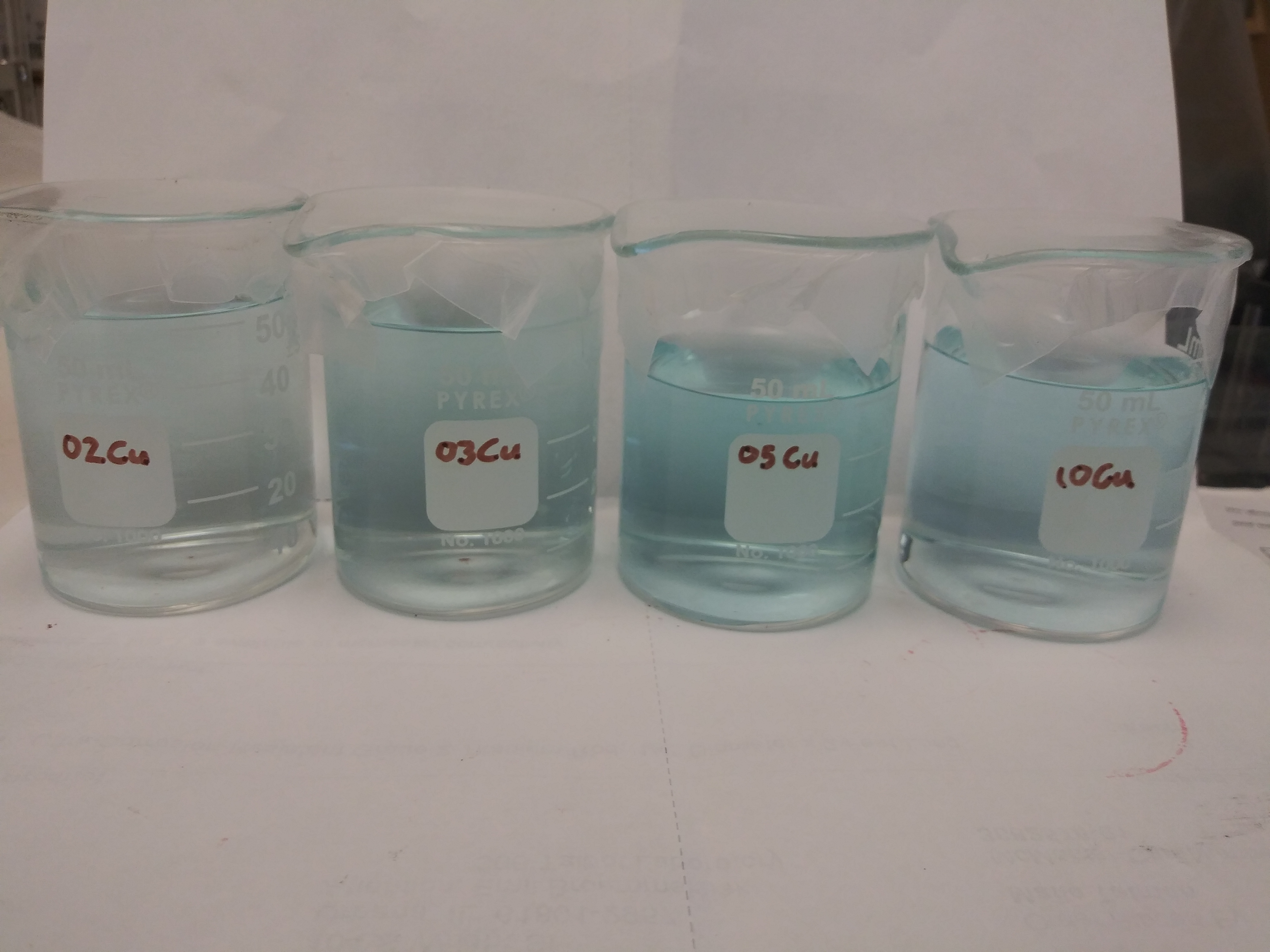 Samples with 100 ppm copper with 2, 3, 5, and 10 times as many moles of Bipy added respectively, from left to right in HNO3 solution.