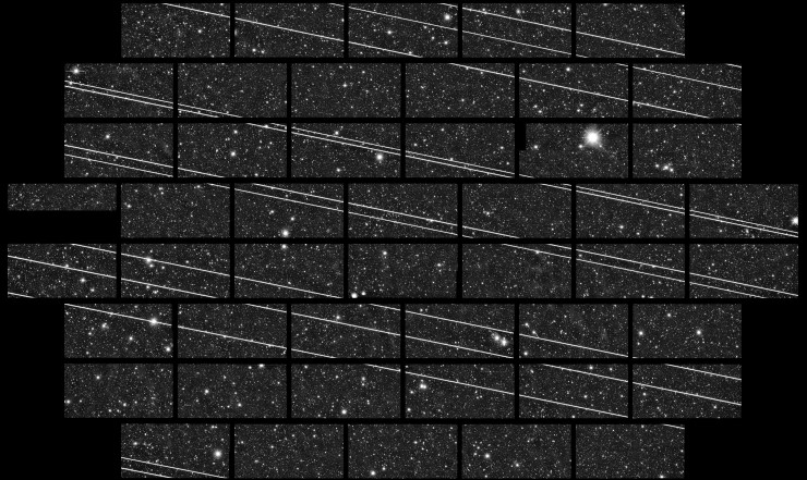 Bright trails left by SpaceX Starlink satellites are visible in a wide-field image captured by the Cerro Tololo InterAmerican Observatory in Chile.  Credit: CTIO/NOIRLab/NSF/ AURA/DECam DELVE Survey